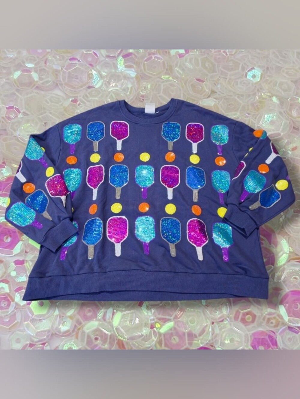 QUEEN OF SPARKLES Navy Sweatshirt with Colorful Queen Tag